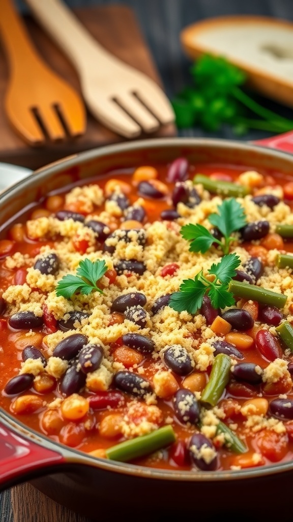 A hearty vegan three bean casserole with kidney beans, black beans, and green beans topped with breadcrumbs and parsley.
